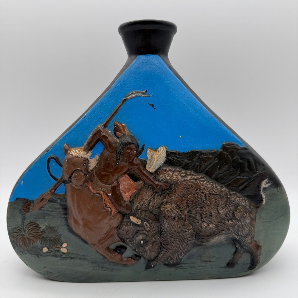 Buffalo Hunt Relief Vase Hand Painted Native American Style Black Blue 9in Art